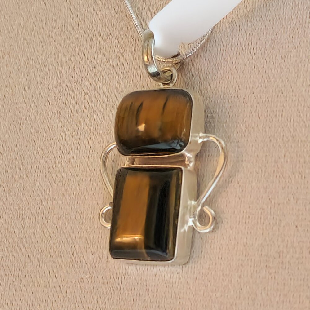 HANDCRAFTED 2 Tiger Eye Stones Scroll Metal Work Pendant 18" Sterling‎ Necklace